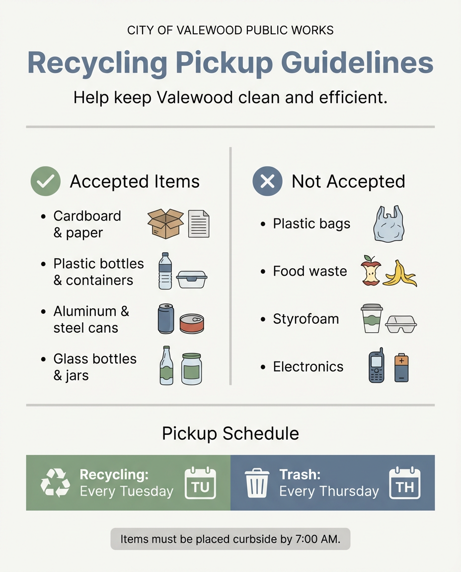 City of Valewood recycling pickup guidelines graphic