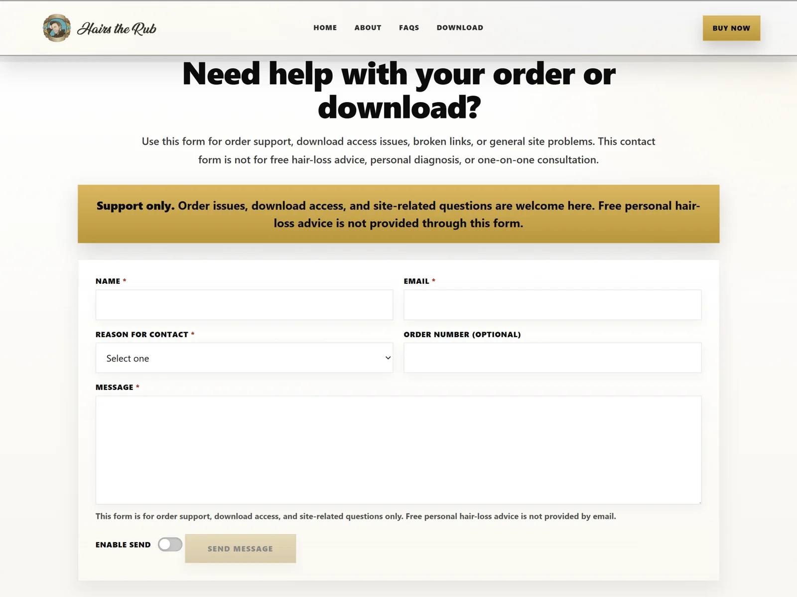Hairs the Rub support contact form with send enable switch