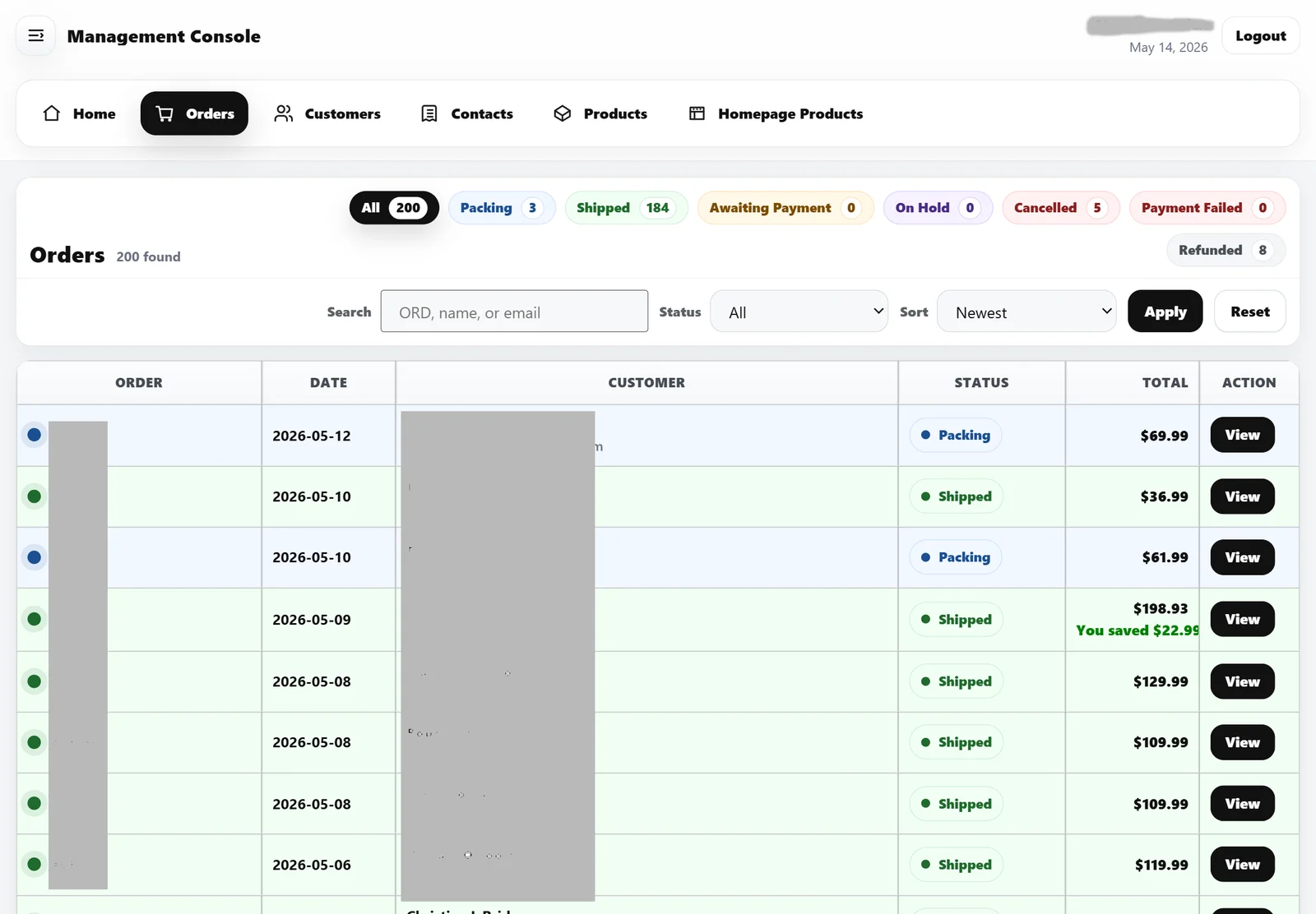Order detail screen from the custom order management console